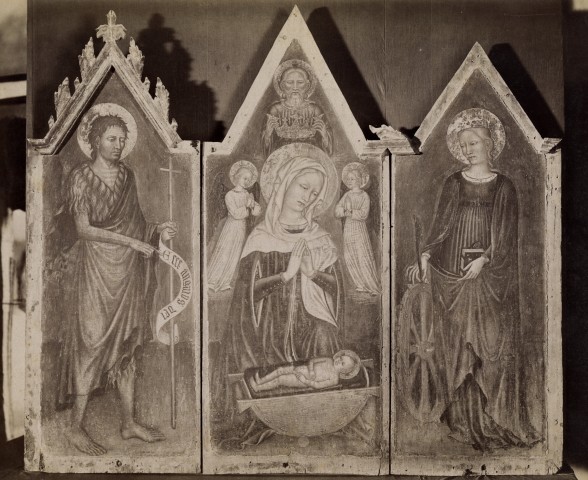Anonimo — Maestro di Staffolo - sec. XV - Madonna in adorazione del Bambino e angeli; San Giovanni Battista; Santa Caterina d'Alessandria — insieme